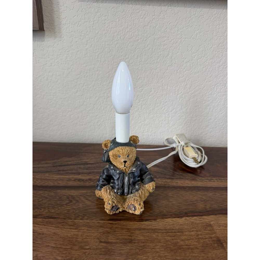 Vintage Youngs Inc Biker Teddy Bear Figurine Leather Jacket Bandana 6” Lamp
